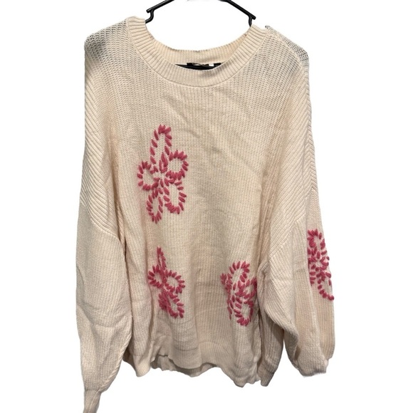 Cyrus Sweaters - Cyrus Cream Knit Sweater with Pink Flowers Super Soft Warm 3X